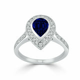 2Ct Pear Cut Blue Sapphire Bezel Set Diamond Halo Ring 14K White Gold Finish