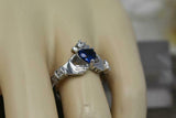 1ct Heart Blue Sapphire Engagement Ring Diamond Claddagh 14k White Gold Finish