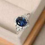 2ct Oval Cut Blue Sapphire Solitaire Round Floral Halo Ring 14k WhiteGold Finish