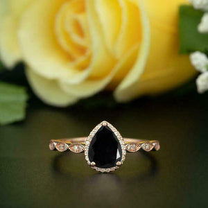 1.2ct Pear Black Diamond Engagement Ring 14k RoseGold Over Halo Accent Solitaire