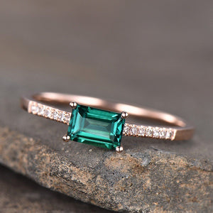 1ct Baguette Cut Green Emerald Solitaire Engagement Ring 14k Rose Gold Finish