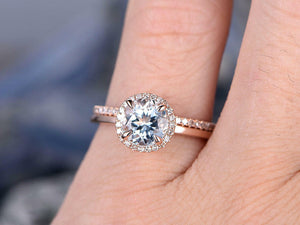 1.7Ct Round Cut Blue Aquamarine Bridal Set Engagement Ring 18K Rose Gold Finish