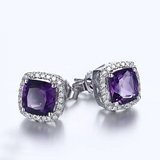 2ct Cushion Cut Purple Amethyst Halo Diamond Stud Earrings 14k White Gold Finish