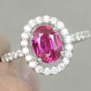 2Ct Oval Cut Pink Sapphire Diamond Halo Engagement Ring 14K White Gold Finish