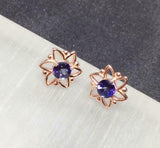 1ct Stud Earrings Round Cut Blue Sapphire Floral Star Design 14k RoseGold Finish