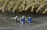 0.6ct Emerald Cut Blue Sapphire Screw Back Stud Earrings 14k White Gold Finish