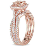 3Ct Round Cut Peach Morganite Diamond Bridal Set Ring Band 14K Rose Gold Finish