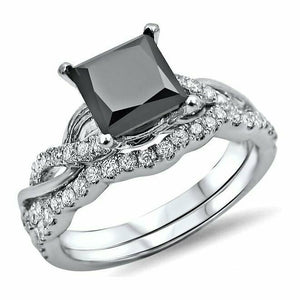 4Ct Princess Cut Black Diamond Bridal Set Engagement Ring 18K White Gold Finish