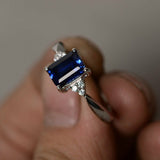 0.9ct Emerald Cut Blue Sapphire Engagement Ring 14k White Gold Finish Solitaire