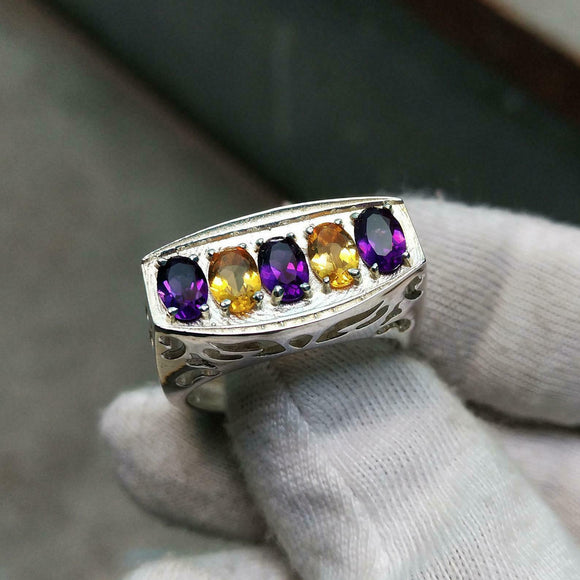 3ct Oval Cut Purple Amethyst Citrine Filigree Cocktail Ring 14k WhiteGold Finish