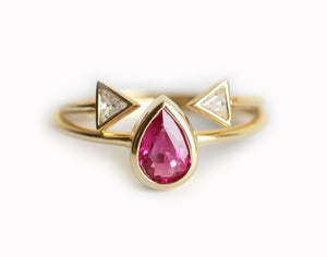 1ct Pear Cut Pink Ruby Engagement Ring 14k Yellow Gold Over Stylish Horn Trilogy