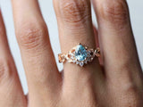 2ct Engagement Ring Pear Cut Blue Aquamarine Leaves Accent 14k YellowGold Finish