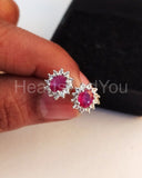 1ct Oval Cut Simulated Pink Ruby Floral Halo Stud Earrings 14k White Gold Plated