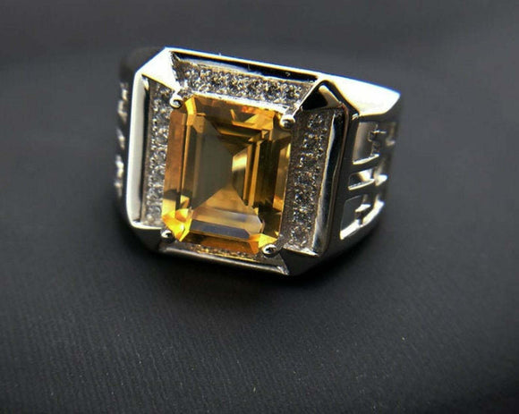 3.5ct Emerald Cut Yellow Citrine Halo Engagement Men Ring 14k White Gold Finish