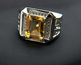 3.5ct Emerald Cut Yellow Citrine Halo Engagement Men Ring 14k White Gold Finish