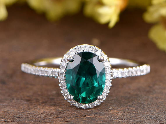 2.1ct Oval Cut Green Emerald Engagement Ring Diamond Halo 14k White Gold Finish