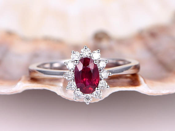 1.6ct Oval Pink Ruby Engagement Ring Diamond Floral Solitaire 14k WhiteGold Over