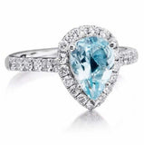 2ct Pear Cut Blue Aquamarine Engagement Ring Diamond Halo 14k White Gold Finish