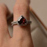 2ct Engagement Ring Heart Cut Red Garnet Halo Bridal Set 14k White Gold Finish