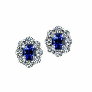 2.3ct Oval Cut Blue Sapphire Floral Design Stud Earrings 14k White Gold Finish