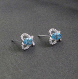 1.6ct Stud Earrings Oval Cut Blue Topaz Heart Knot Design 14k White Gold Finish