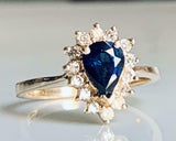 2ct Pear Cut Blue Sapphire Diamond Floral Solitaire Ring 14k Yellow Gold Finish