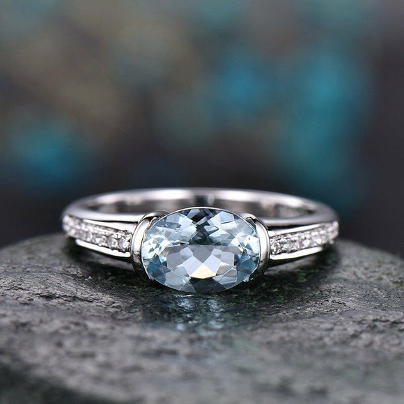 1.5Ct Oval Cut Blue Aquamarine East West Engagement Ring 14K White Gold Finish