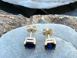 1ct Stud Earrings Cushion Cut Blue Sapphire Solitaire Women 14k Yellow Gold Over