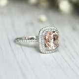 4Ct Cushion Cut Morganite Diamond Dual Halo Engagement Ring 14K White Gold Over