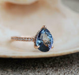 2.2ct Engagement Ring Pear Cut Blue Sapphire Hidden Halo 14k Rose Gold Finish