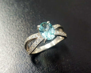 1.6ct Engagement Ring Oval Cut Blue Aquamarine Split Shank 14k White Gold Finish