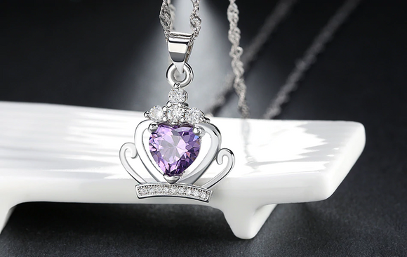 2ct Heart Cut Purple Amethyst Pendant Crystal Crown 14k White Gold Over NO CHAIN