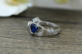 1ct Heart Blue Sapphire Engagement Ring Diamond Claddagh 14k White Gold Finish