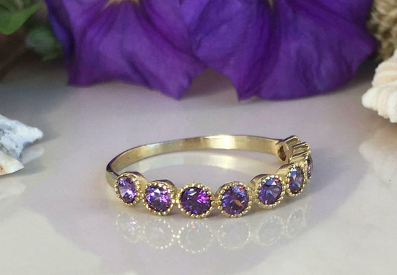 1.2ct Wedding Band Round Purple Amethyst Milgrain Stackable 14k Yellow Gold Over