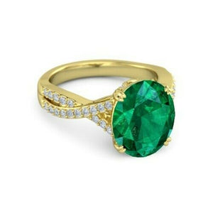 4Ct Oval Green Emerald Diamond Split Band Engagement Ring 14K Yellow Gold Finish