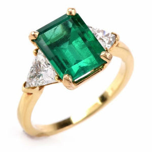 3Ct Green Emerald Trilogy Engagement Ring 18K Yellow Gold Finish Trillion Accent