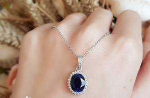 3ct Oval Cut Blue Sapphire Pendant with Chain Halo Cluster 14k White Gold Finish