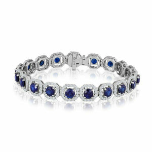 15ct Round Cut Blue Sapphire Diamond Halo Tennis Bracelet 14k White Gold Finish