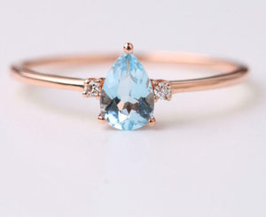 1ct Pear Blue Aquamarine Engagement Ring Minimalist Trilogy 14k Rose Gold Finish