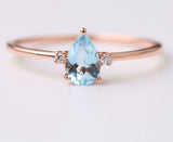 1ct Pear Blue Aquamarine Engagement Ring Minimalist Trilogy 14k Rose Gold Finish