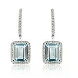 5Ct Emerald Cut Blue Aquamarine Diamond Halo Drop Earrings 14K White Gold Finish