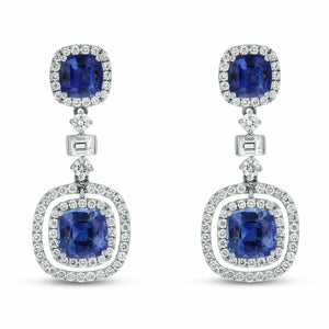 3ct Drop Earrings Cushion Cut Blue Sapphire Halo Dangling 14k White Gold Finish