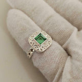 1ct Engagement Ring Asscher Cut Emerald Vintage Inspired 14k White Gold Finish