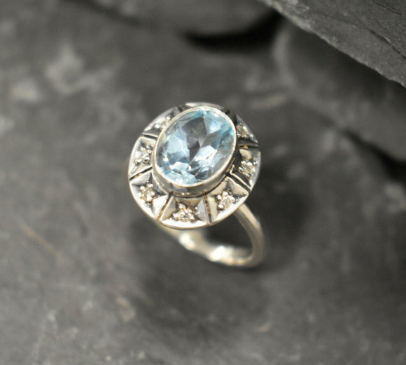 2ct Engagement Ring Oval Cut Aquamarine Vintage Inspired Halo 14k WhiteGold Over