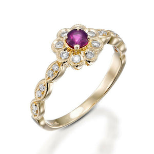 2ct Round Cut Pink Ruby Flower Solitaire with Accent Ring 14k Yellow Gold Finish