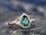 2.1Ct Pear Cut Green Emerald Halo Stylish Engagement Ring 14K Rose Gold Finish