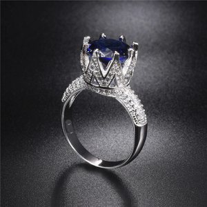 2ct Round Cut Blue Sapphire Engagement Ring 14k White Gold Finish Crown Wedding