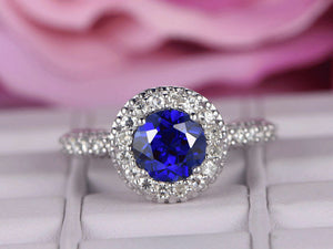 1.2ct Round Cut Blue Sapphire Engagement Ring 14k White Gold Finish Halo Bridal