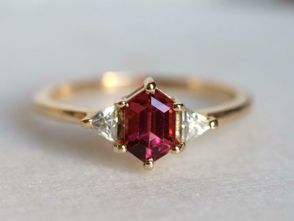 1ct Engagement Ring Hexagon Cut Pink Ruby Minimalist Trilogy 14k YellowGold Over