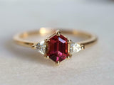 1ct Engagement Ring Hexagon Cut Pink Ruby Minimalist Trilogy 14k YellowGold Over